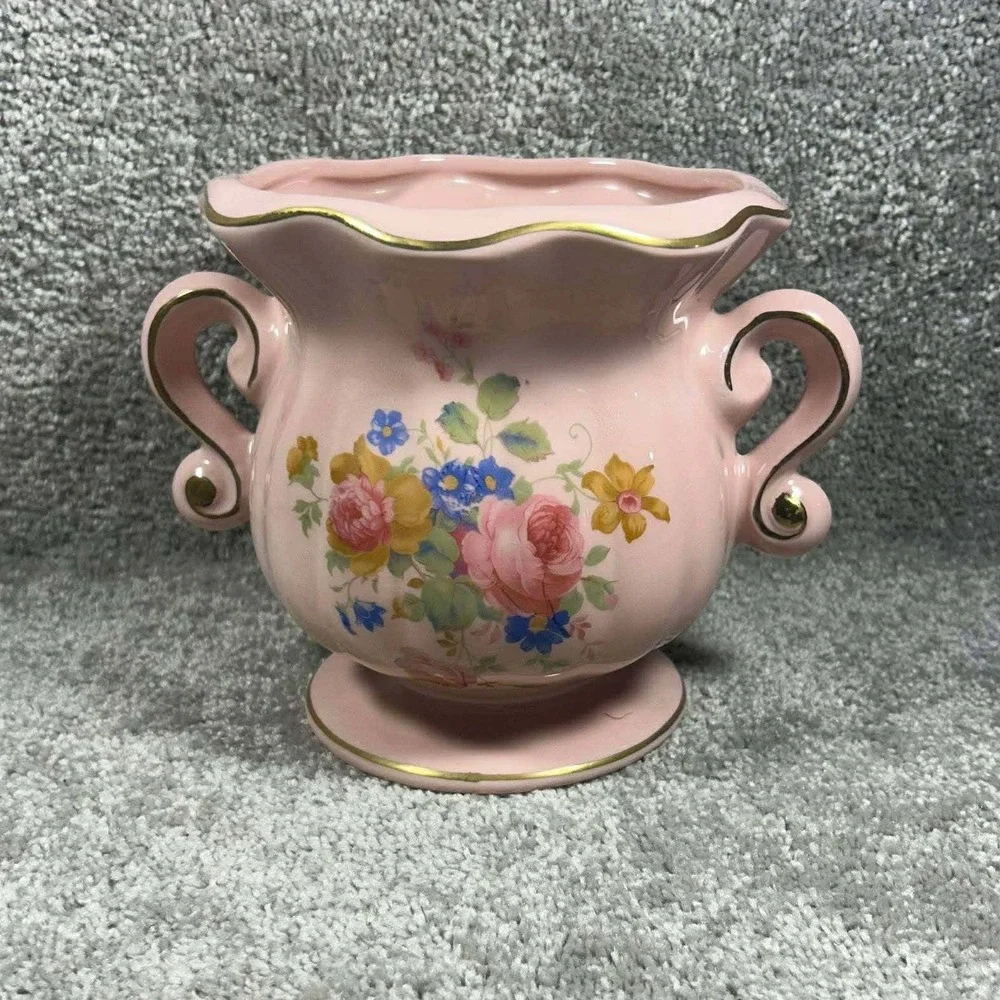 Fornart USA Planter Vase Pink Floral Gold Trim Scroll Handles 107-D Vintage